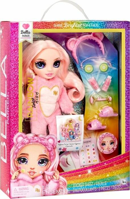 Bella Parker Modepuppen-Spielset in rosa Verpackung mit Puppe, Haustier, Zubehör, Aufklebern und Altersangabe 4+.