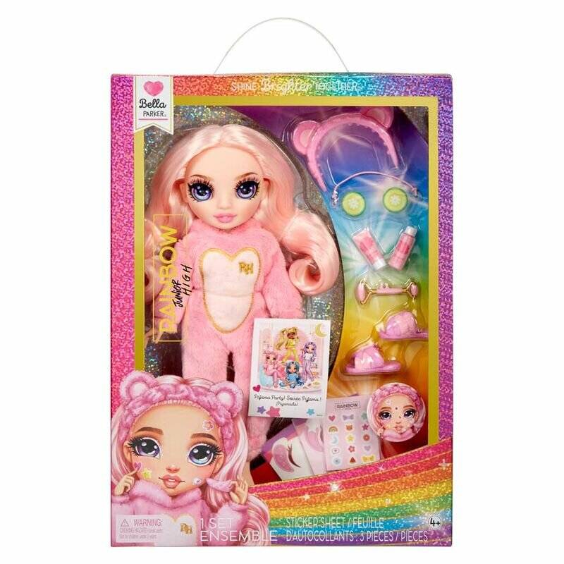Verpackte Rainbow High Fashion-Puppenset mit rosa behaarter Puppe, Zubehör, Aufklebern und Regenbogenverpackung in einer Spielzeugausstellungsbox.