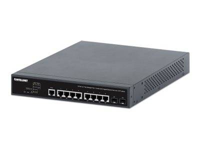 Schwarzer Netzwerk-Switch/Router mit mehreren Ethernet-Anschlüssen und zwei Uplink-Anschlüssen auf der Frontblende.