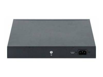 Frontansicht eines schwarzen Rack-Mount-Audio-/Elektronikgeräts mit Stromeingang auf der rechten Seite und einem zentrierten Logo auf der Frontblende.