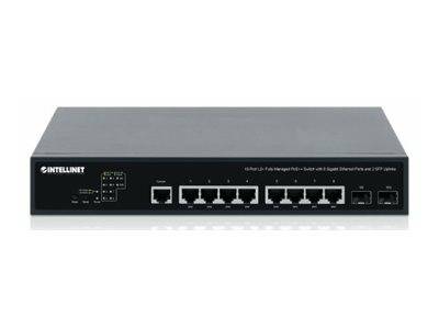 Vorderansicht eines schwarzen Intellinet Ethernet-Netzwerk-Switches mit mehreren RJ45-Anschlüssen und Status-LEDs auf einem weißen Hintergrund