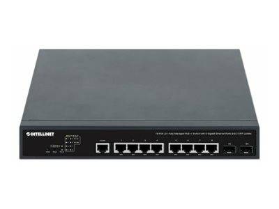 Frontansicht eines schwarzen Netzwerk-Switches mit acht Ethernet-Anschlüssen und Status-LEDs auf der Frontplatte.