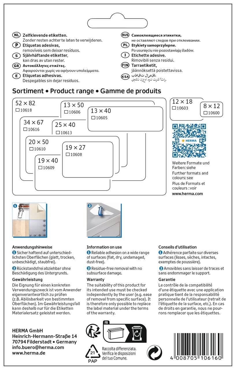 HERMA Vielzwecketiketten weiß 34x67 mm ablösbar 144 St. Multimedia-Technik Etiketten