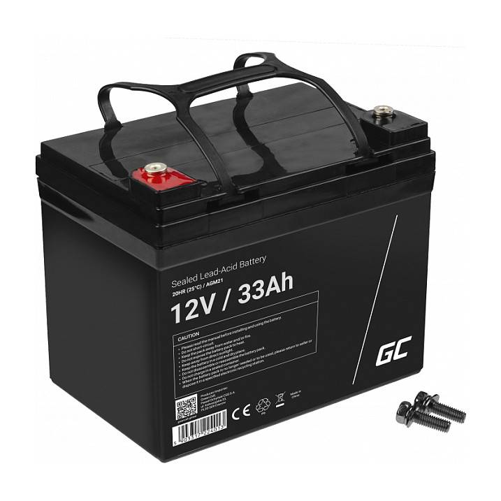 Eine schwarze versiegelte Bleiakkumulator-Batterie mit der Aufschrift „12V / 33Ah
