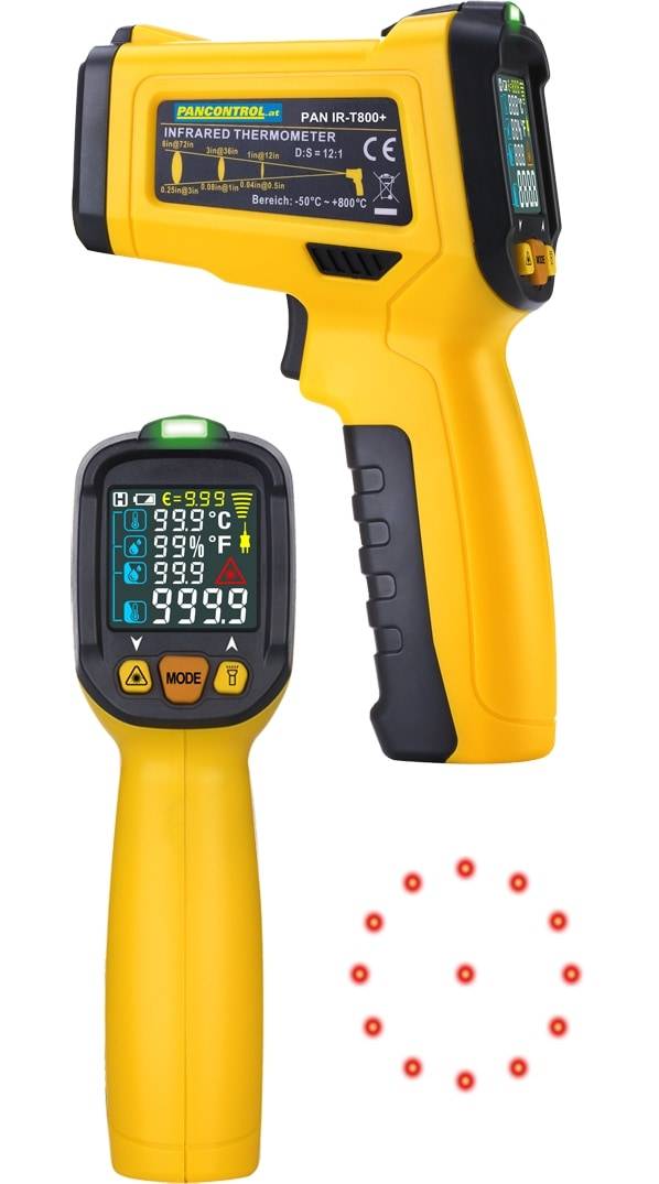 Gelbes Infrarot-Thermometer mit einer Anzeige von 99,9°F und 37,7°C auf dem Bildschirm. Die Funktionen umfassen ein grünes Display, Modusschaltflächen und eine Lasermarkierung.