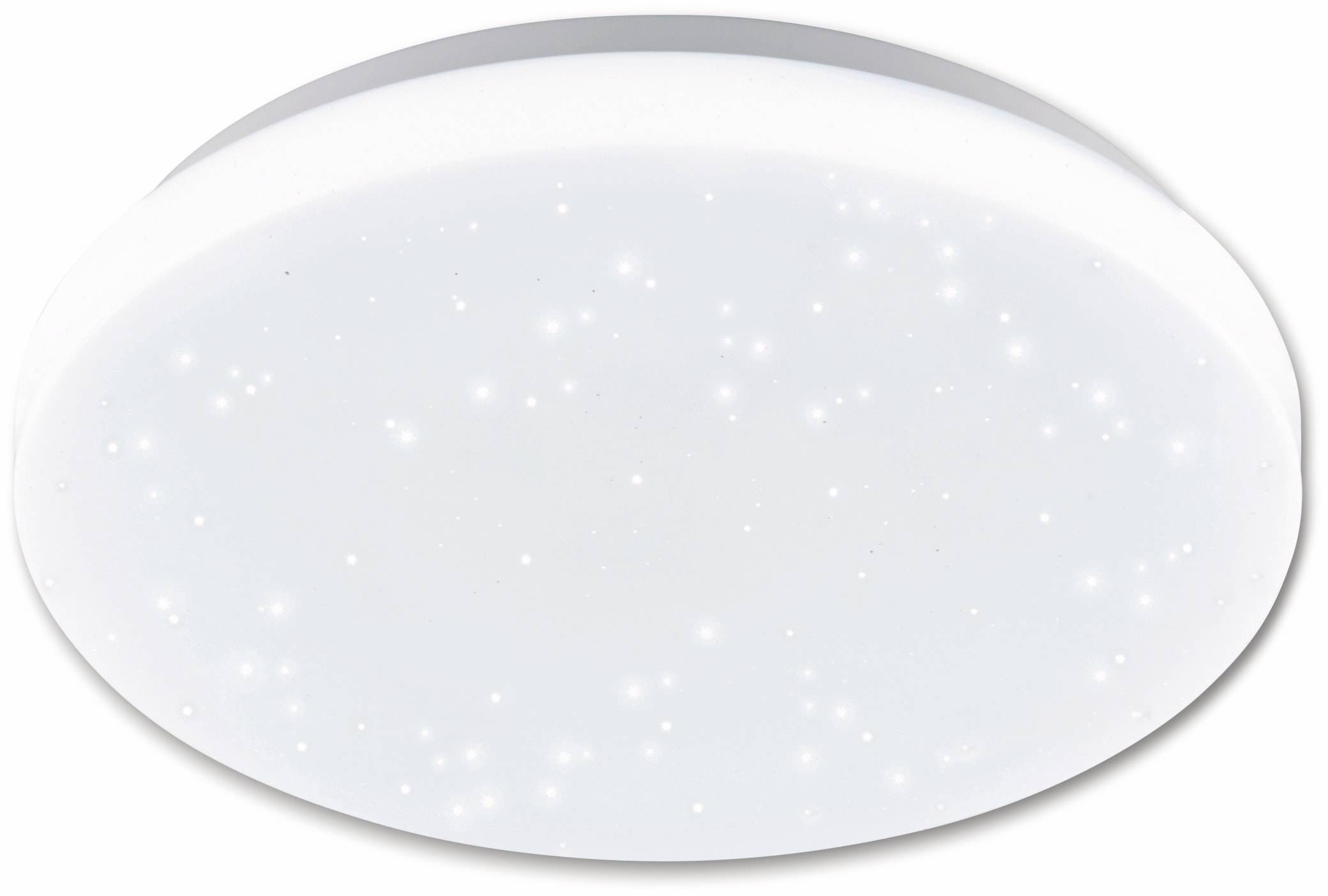 Ein weißes, oval geformtes LED-Deckenleuchte leuchtet mit kleinen, funkelnden Lichtmustern, die an Sterne erinnern, und schafft eine sanfte, atmosphärische Umgebung.