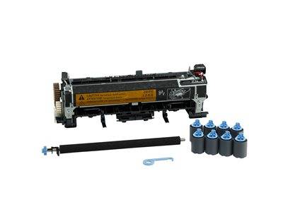 Wartungsset für Drucker mit Fixiereinheit, Aufnahmewelzen, Übertragungswalze und Werkzeug. Wird zum Austausch abgenutzter Teile in einem Drucker verwendet.