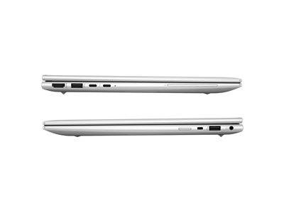 Geschlossener, schlanker Laptop in Silber, Seitenansicht, mit sichtbaren Anschlüssen wie USB, HDMI und Audio.