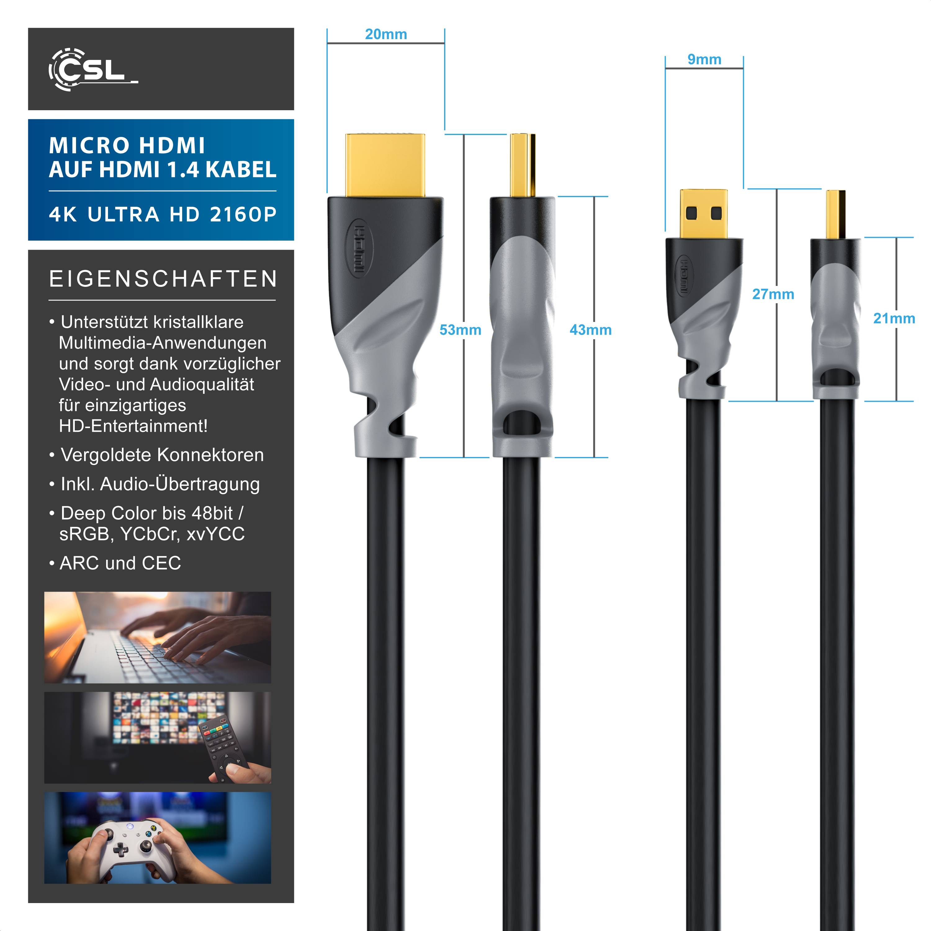 CSL HDMI Typ D (Micro) 2.0 zu HDMI Typ A Kabel, 4K, Ethernet, Ultra HD 2160p (3840 × 2160 Pixel) - 2m