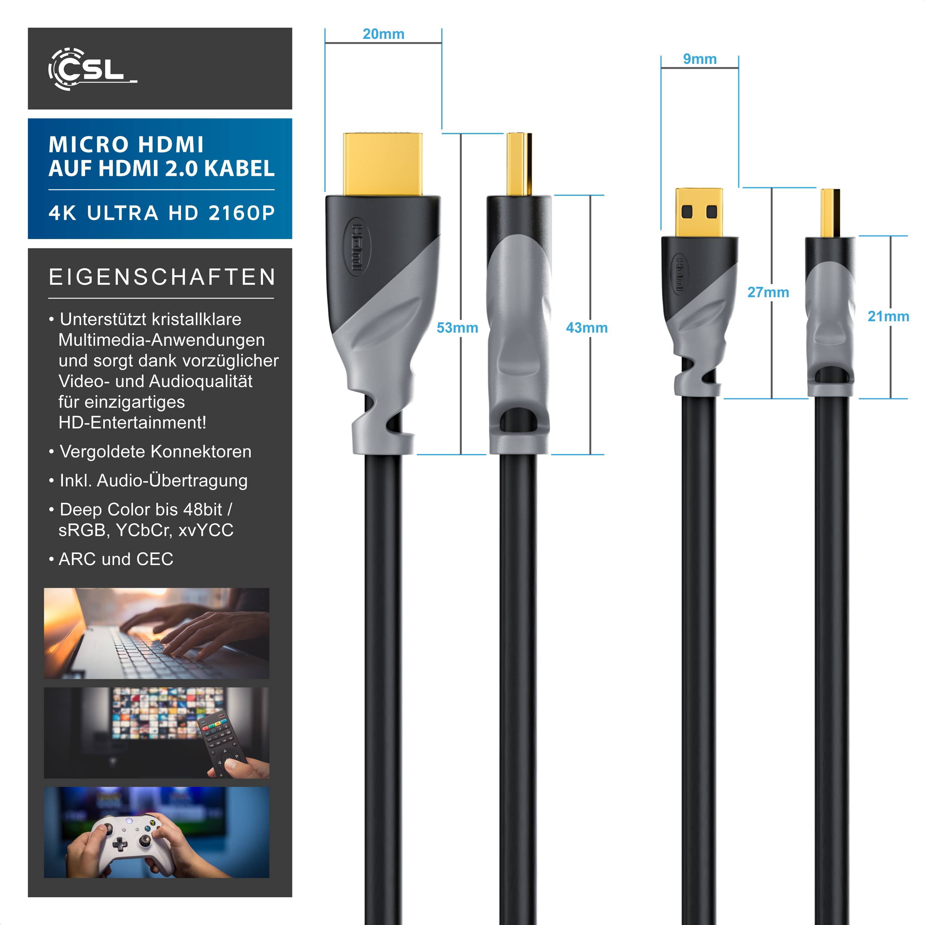 CSL HDMI Typ D (Micro) 2.0 zu HDMI Typ A Kabel, 4K, Ethernet, Ultra HD 2160p (3840 × 2160 Pixel) - 3m