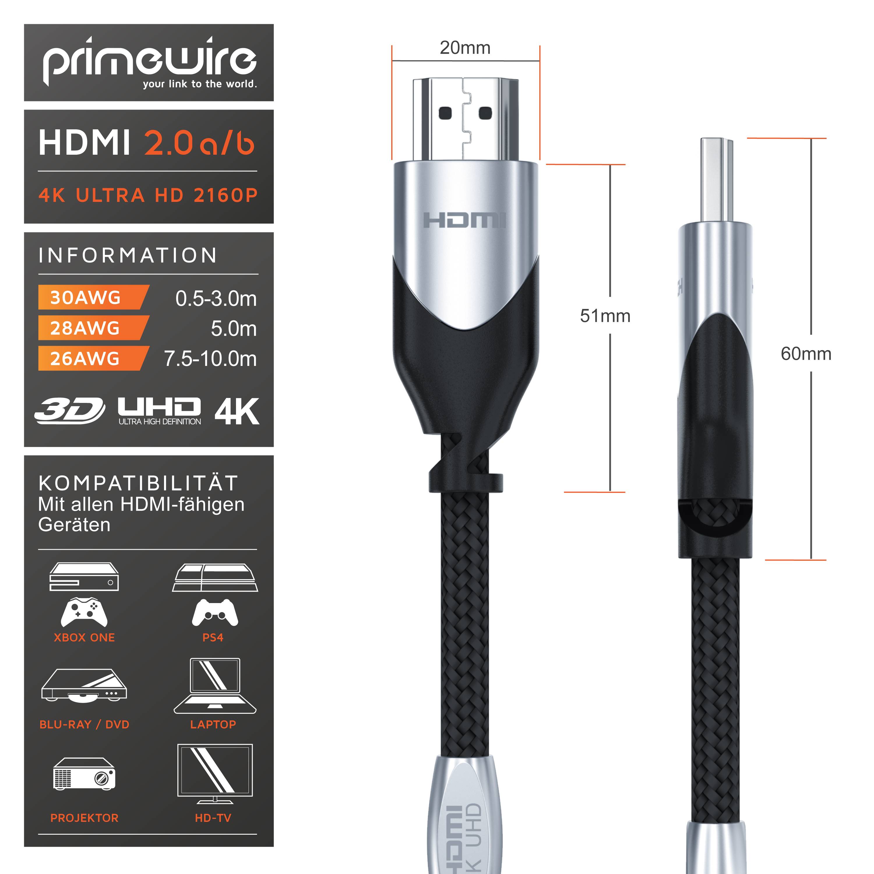 Primewire HDMI-Kabel 2.0b, Ultra HD 4k 60Hz, 18 Gbit/s, 3D, ARC, CEC, HDCP, HDR, HDMI Typ A - 7,5m