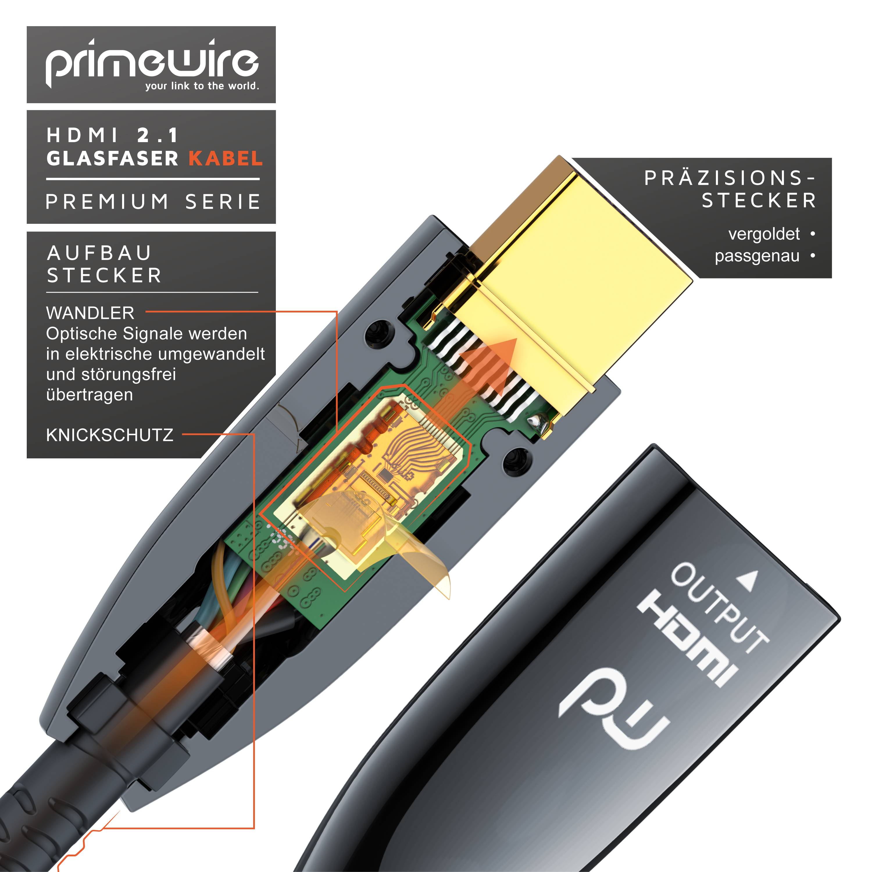 Primewire HDMI Kabel 2.1 Glasfaser, 8K 120Hz, 4k 240Hz, optisches Kabel HDR10+ 3D Ultra High Speed, Glasfaserkabel - 30m