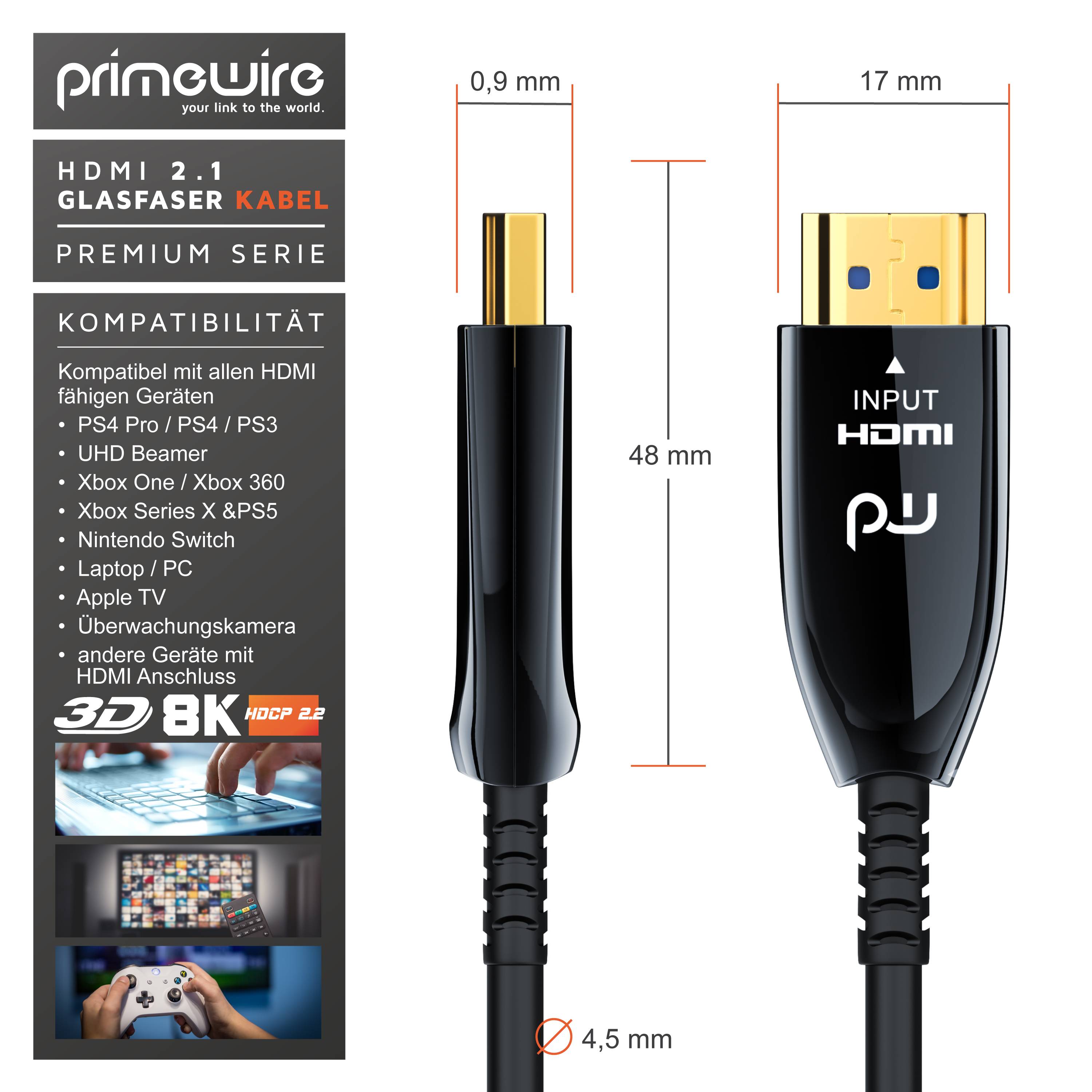 Primewire HDMI Kabel 2.1 Glasfaser, 8K 120Hz, 4k 240Hz, optisches Kabel HDR10+ 3D Ultra High Speed, Glasfaserkabel - 25m