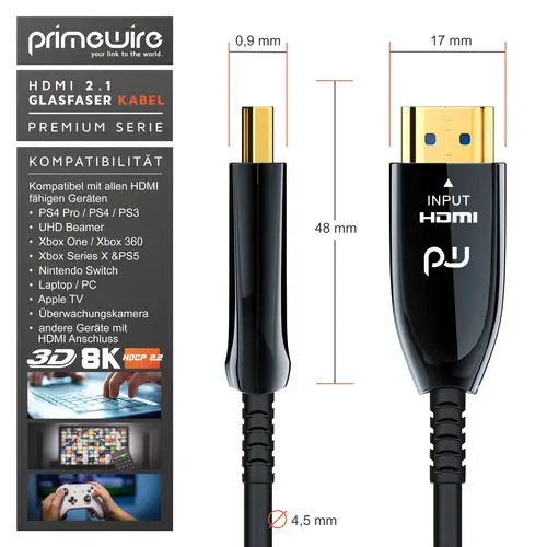 Primewire HDMI Kabel 2.1 Glasfaser, 8K 120Hz, 4k 240Hz, optisches Kabel HDR10+ 3D Ultra High Speed, Glasfaserkabel - 30m Primewire HDMI Kabel 2.1 Glasfaser, 8K 120Hz, 4k 240Hz, optisches Kabel HDR10+ 3D Ultra High Speed, Glasfaserkabel - 30m