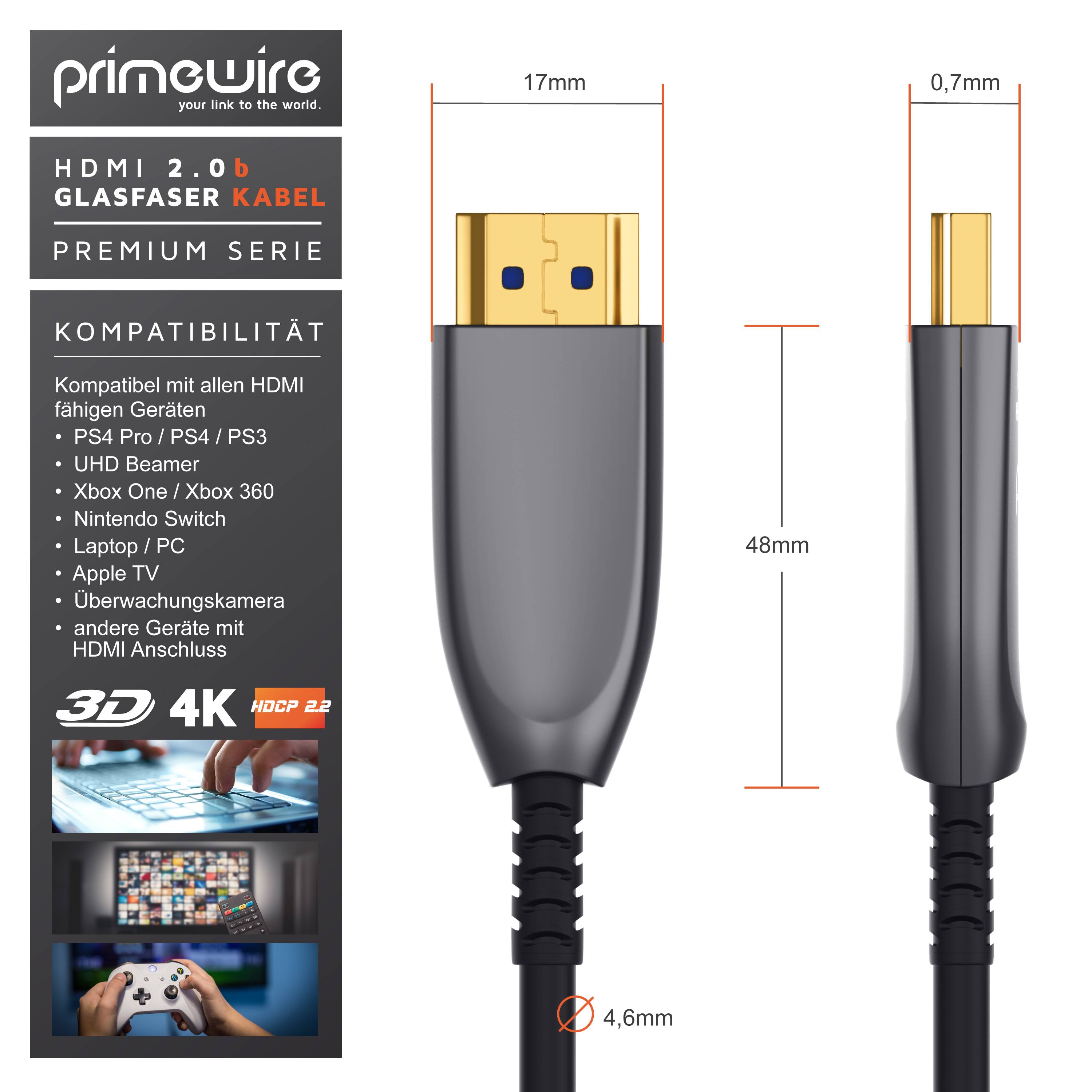 Primewire Ultra HD HDMI 2.0b Glasfaserkabel 3-fach geschirmt 4K / Full HD / 3D / ARC / High Speed mit Ethernet - 3m