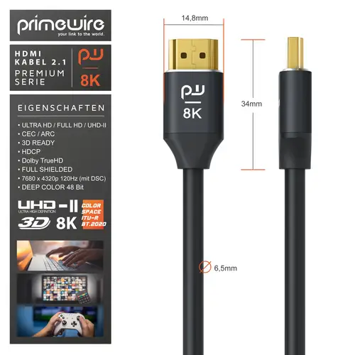 Primewire 8K Premium HDMI Ultra High Speed Kabel 2.1 7680 x 4320 @ 120 Hz mit DSC - 0,5m Primewire 8K Premium HDMI Ultra High Speed Kabel 2.1 7680 x 4320 @ 120 Hz mit DSC - 0,5m