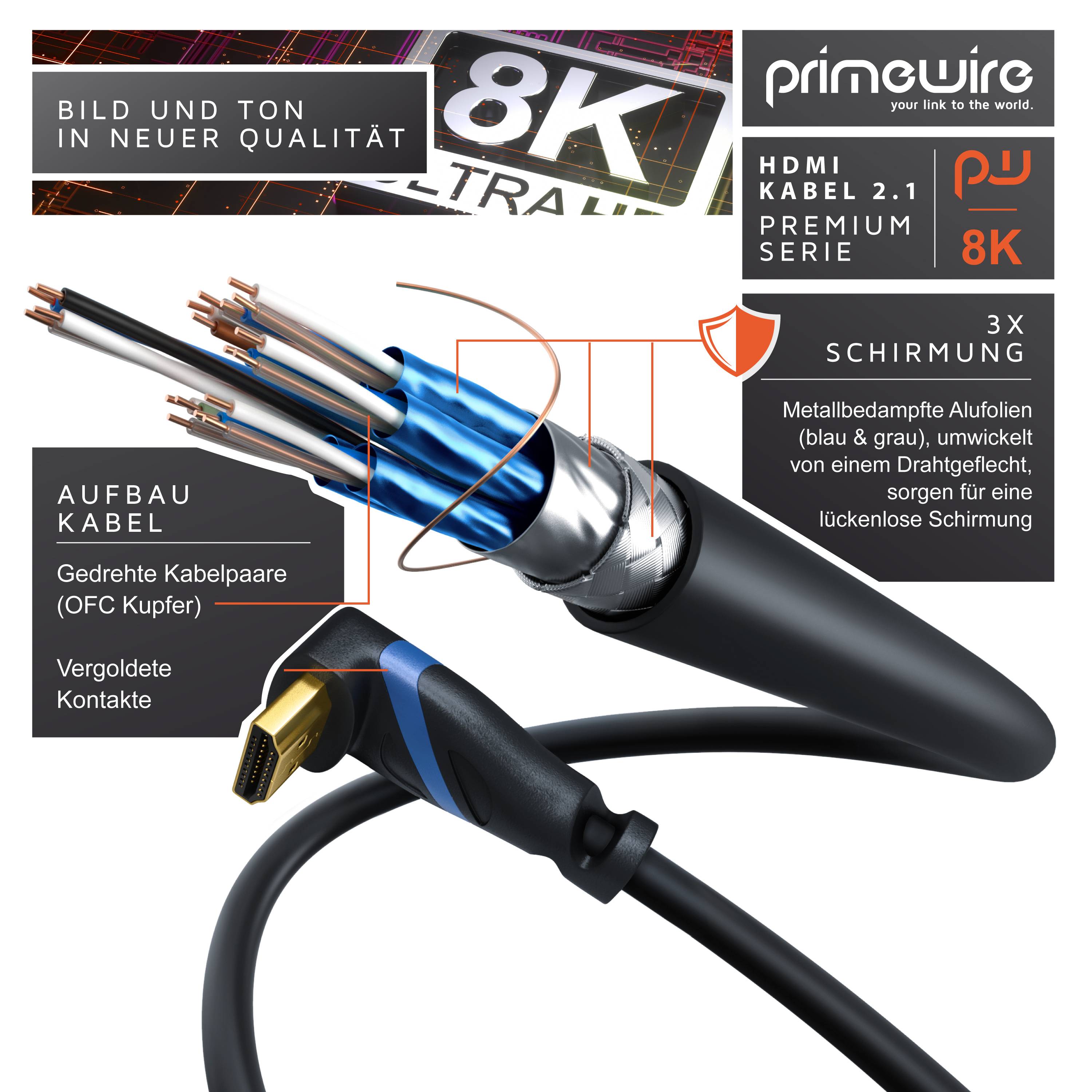 Primewire 8K Premium HDMI Ultra High Speed Kabel 2.1 90° gewinkelt, 7680 x 4320 @ 120 Hz mit DSC - 1m
