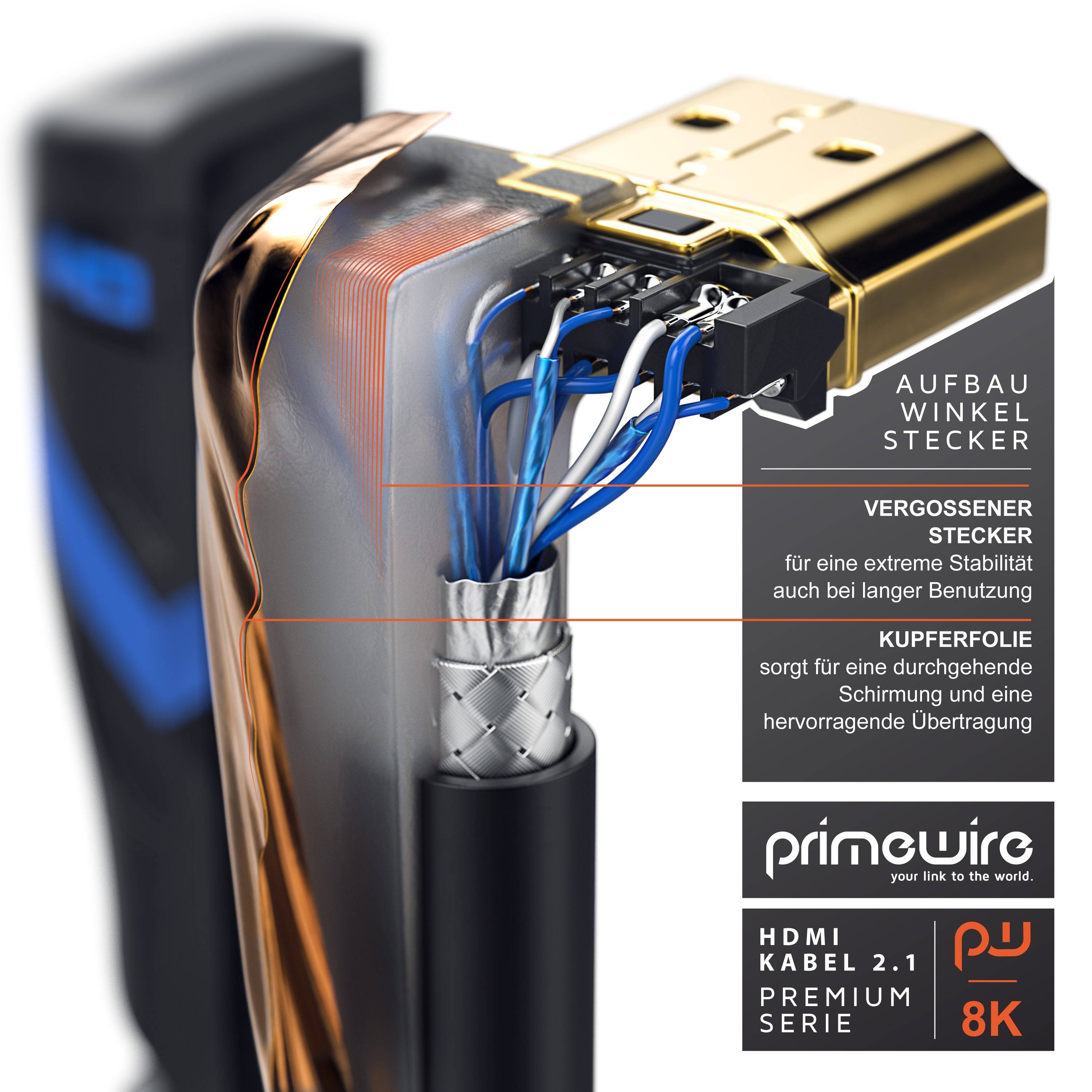 Primewire 8K Premium HDMI Ultra High Speed Kabel 2.1 270° gewinkelt, 7680 x 4320 @ 120 Hz mit DSC - 3m