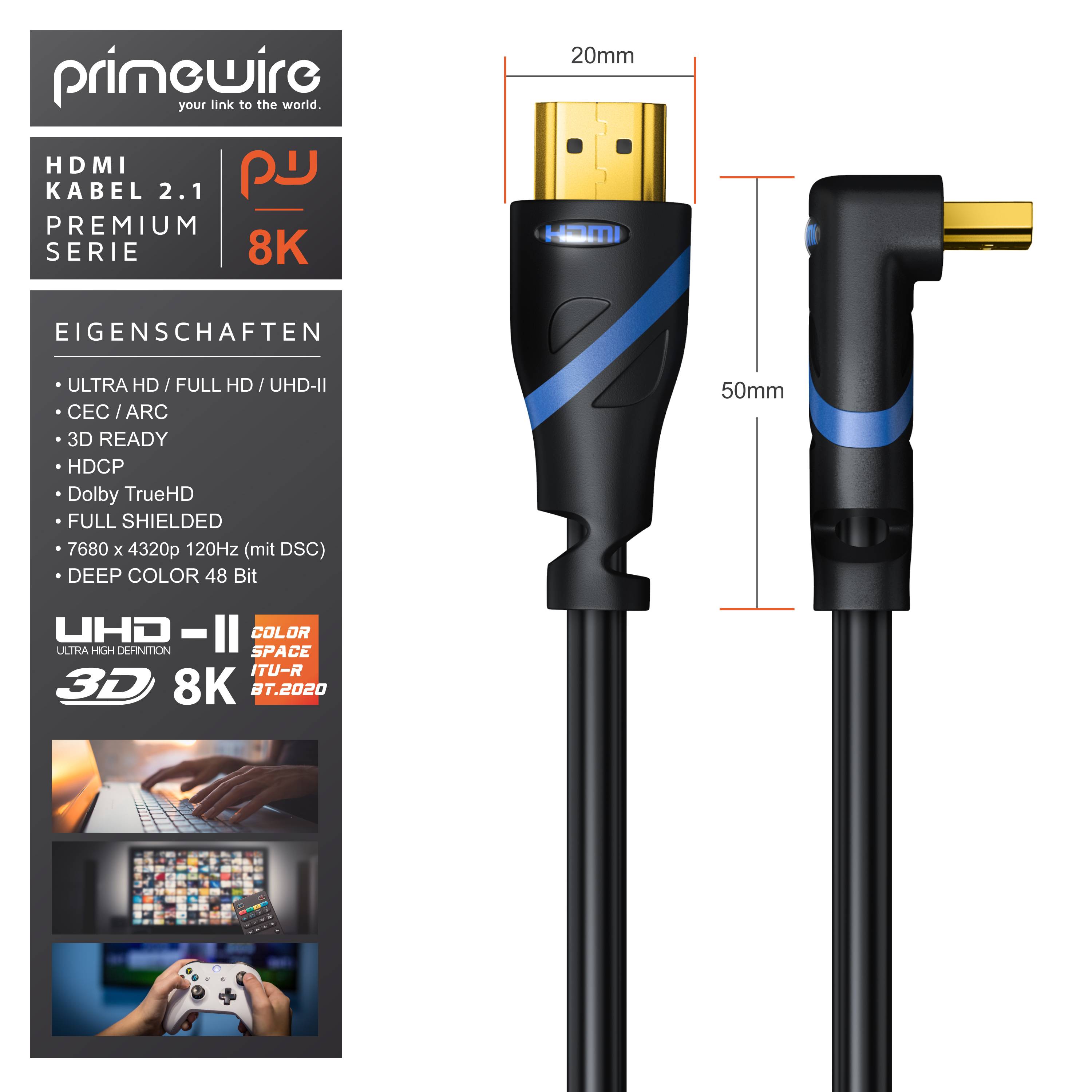 Primewire 8K Premium HDMI Ultra High Speed Kabel 2.1 90° gewinkelt, 7680 x 4320 @ 120 Hz mit DSC - 1m