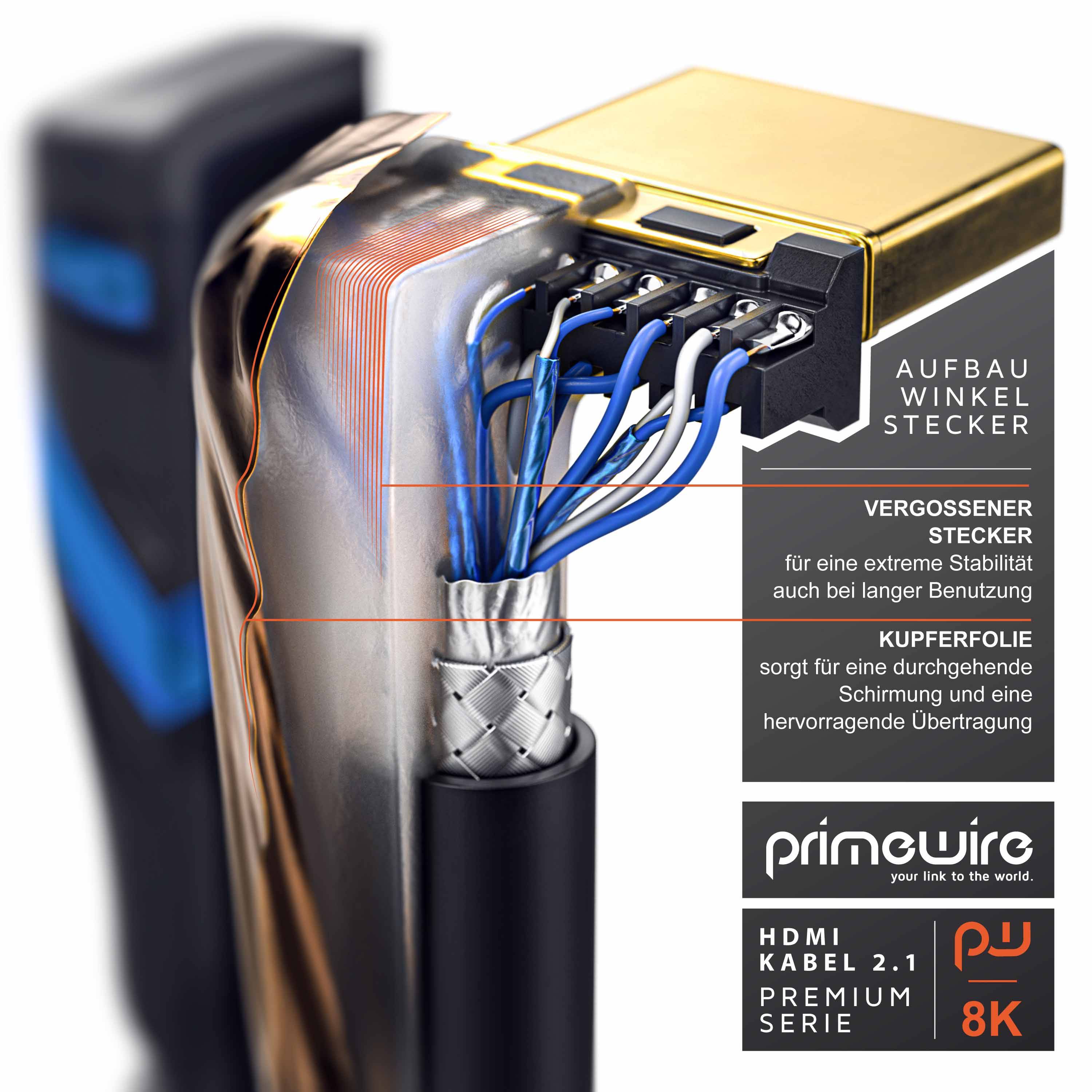 Primewire 8K Premium HDMI Ultra High Speed Kabel 2.1 90° gewinkelt, 7680 x 4320 @ 120 Hz mit DSC - 3m
