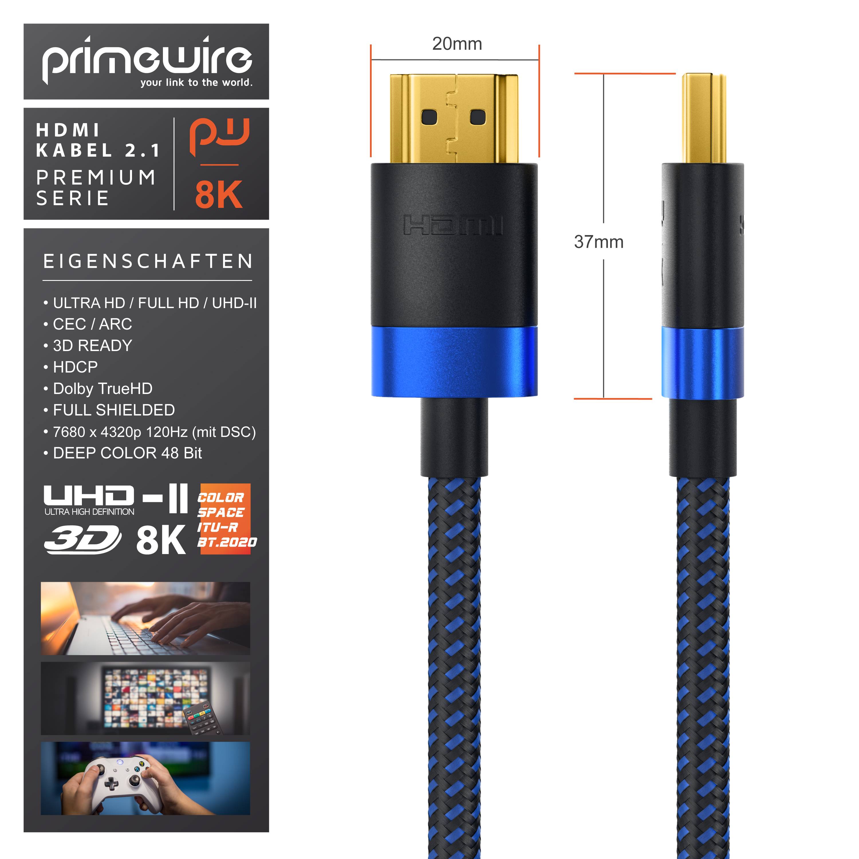 Primewire - 2m High Speed 8K HDMI Kabel 2.1, Ethernet ARC 3D 4K Ultra HD 7680x4320 @ 120 Hz HDTV Full HD, Schwarz/Blau