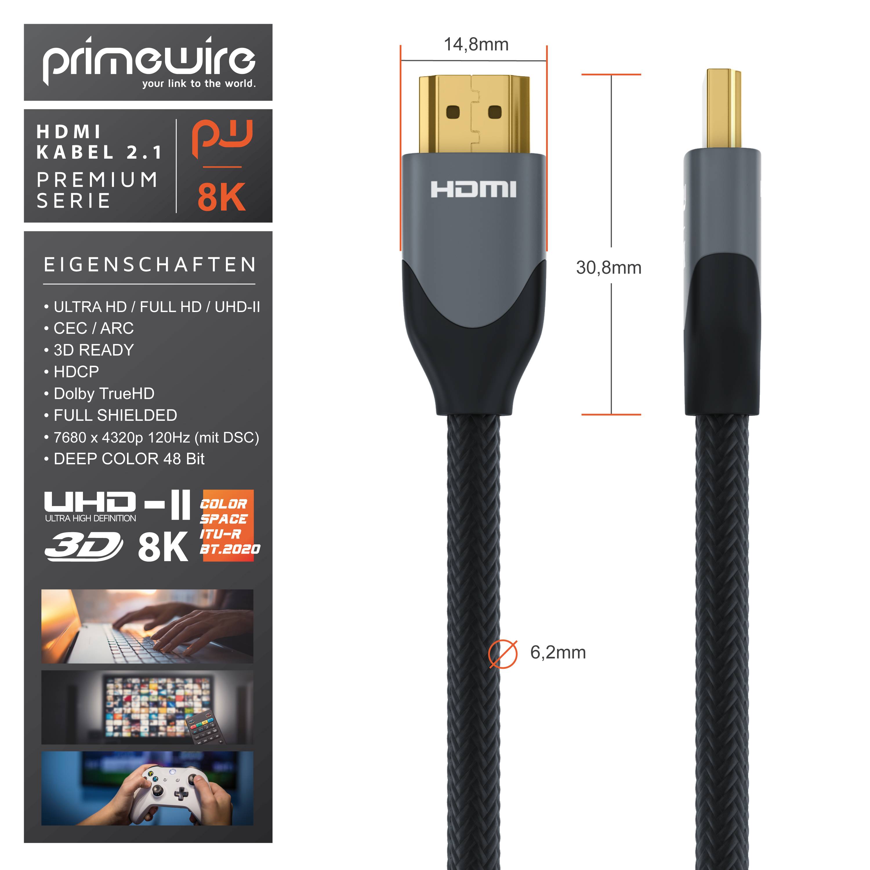 Primewire 8K Premium HDMI Kabel 2.1 mit Nylonummantelung, 7680 x 4320 @ 120 Hz mit DSC - 3m