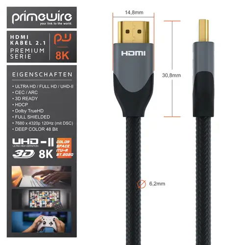 Primewire 8K Premium HDMI Kabel 2.1 mit Nylonummantelung, 7680 x 4320 @ 120 Hz mit DSC - 3m Primewire 8K Premium HDMI Kabel 2.1 mit Nylonummantelung, 7680 x 4320 @ 120 Hz mit DSC - 3m