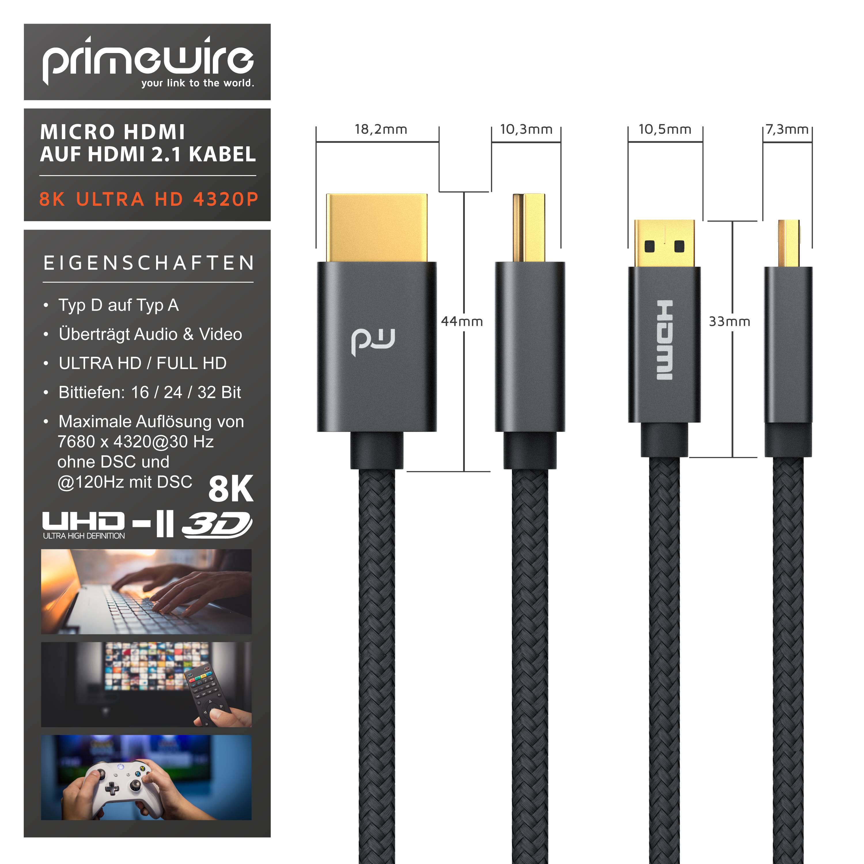 Primewire 8K HDMI 2.1 auf Micro HDMI Adapterkabel, 7680 x 4320 @ 120 Hz mit DSC - 1m