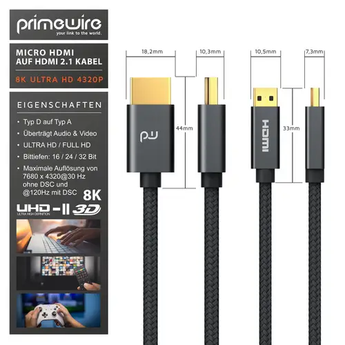Primewire 8K HDMI 2.1 auf Micro HDMI Adapterkabel, 7680 x 4320 @ 120 Hz mit DSC - 2m Primewire 8K HDMI 2.1 auf Micro HDMI Adapterkabel, 7680 x 4320 @ 120 Hz mit DSC - 2m