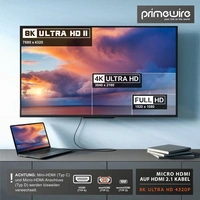 Primewire 8K HDMI 2.1 auf Micro HDMI Adapterkabel, 7680 x 4320 @ 120 Hz mit DSC - 3m Primewire 8K HDMI 2.1 auf Micro HDMI Adapterkabel, 7680 x 4320 @ 120 Hz mit DSC - 3m