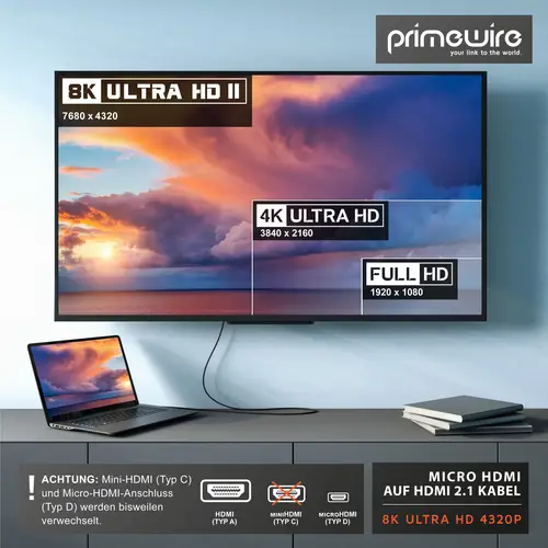 Primewire 8K HDMI 2.1 auf Micro HDMI Adapterkabel, 7680 x 4320 @ 120 Hz mit DSC - 3m Primewire 8K HDMI 2.1 auf Micro HDMI Adapterkabel, 7680 x 4320 @ 120 Hz mit DSC - 3m