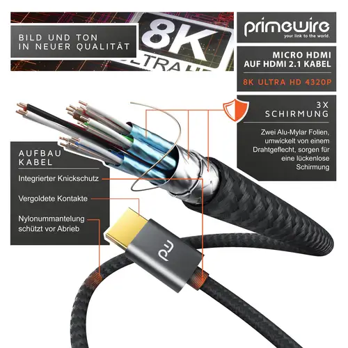 Primewire 8K HDMI 2.1 auf Micro HDMI Adapterkabel, 7680 x 4320 @ 120 Hz mit DSC - 3m Primewire 8K HDMI 2.1 auf Micro HDMI Adapterkabel, 7680 x 4320 @ 120 Hz mit DSC - 3m