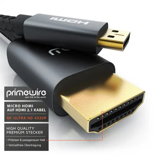 Primewire 8K HDMI 2.1 auf Micro HDMI Adapterkabel, 7680 x 4320 @ 120 Hz mit DSC - 3m Primewire 8K HDMI 2.1 auf Micro HDMI Adapterkabel, 7680 x 4320 @ 120 Hz mit DSC - 3m