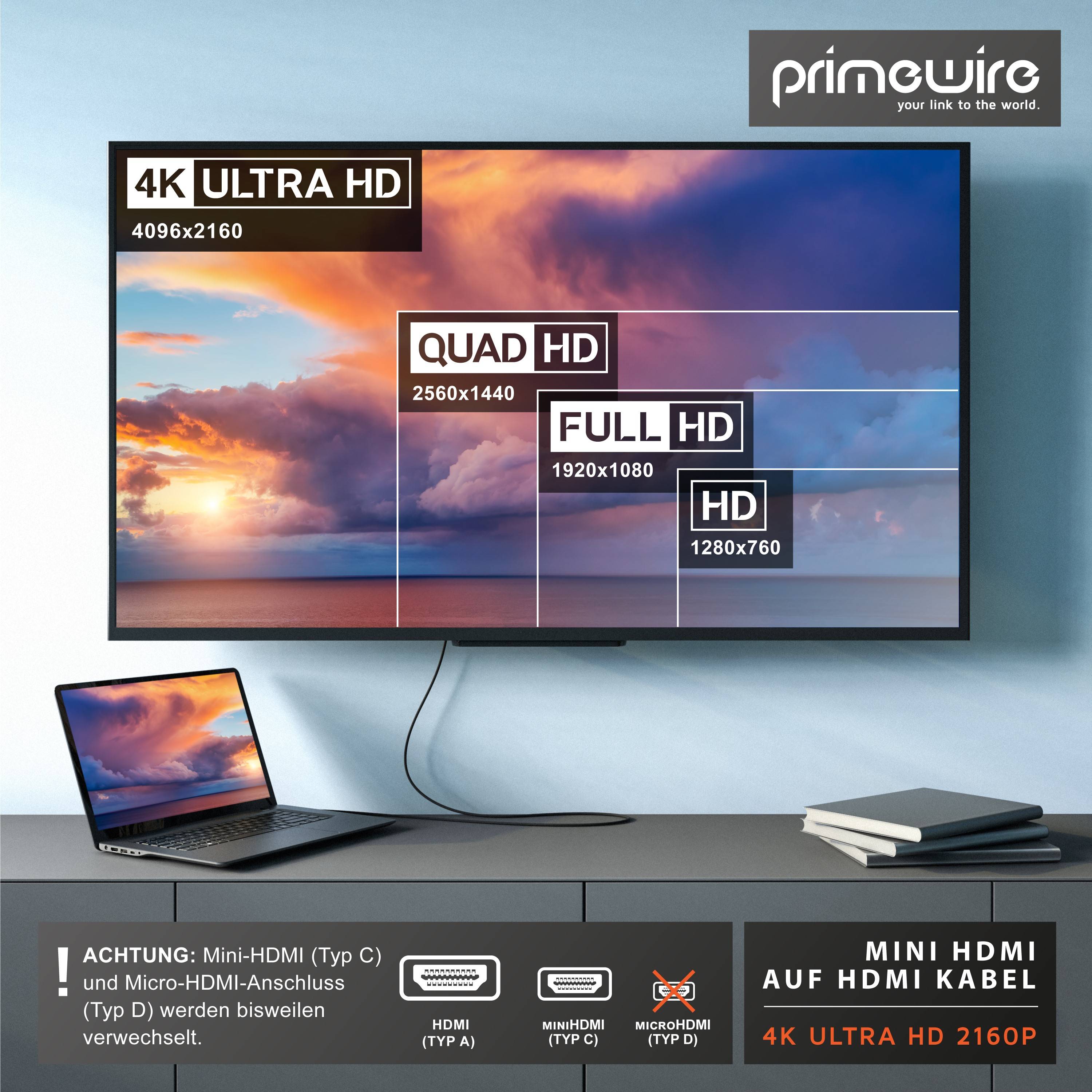 Primewire 8K HDMI auf Mini HDMI Adapterkabel 2.1, 4K 3840 x 2160 @ 60 Hz - 2m