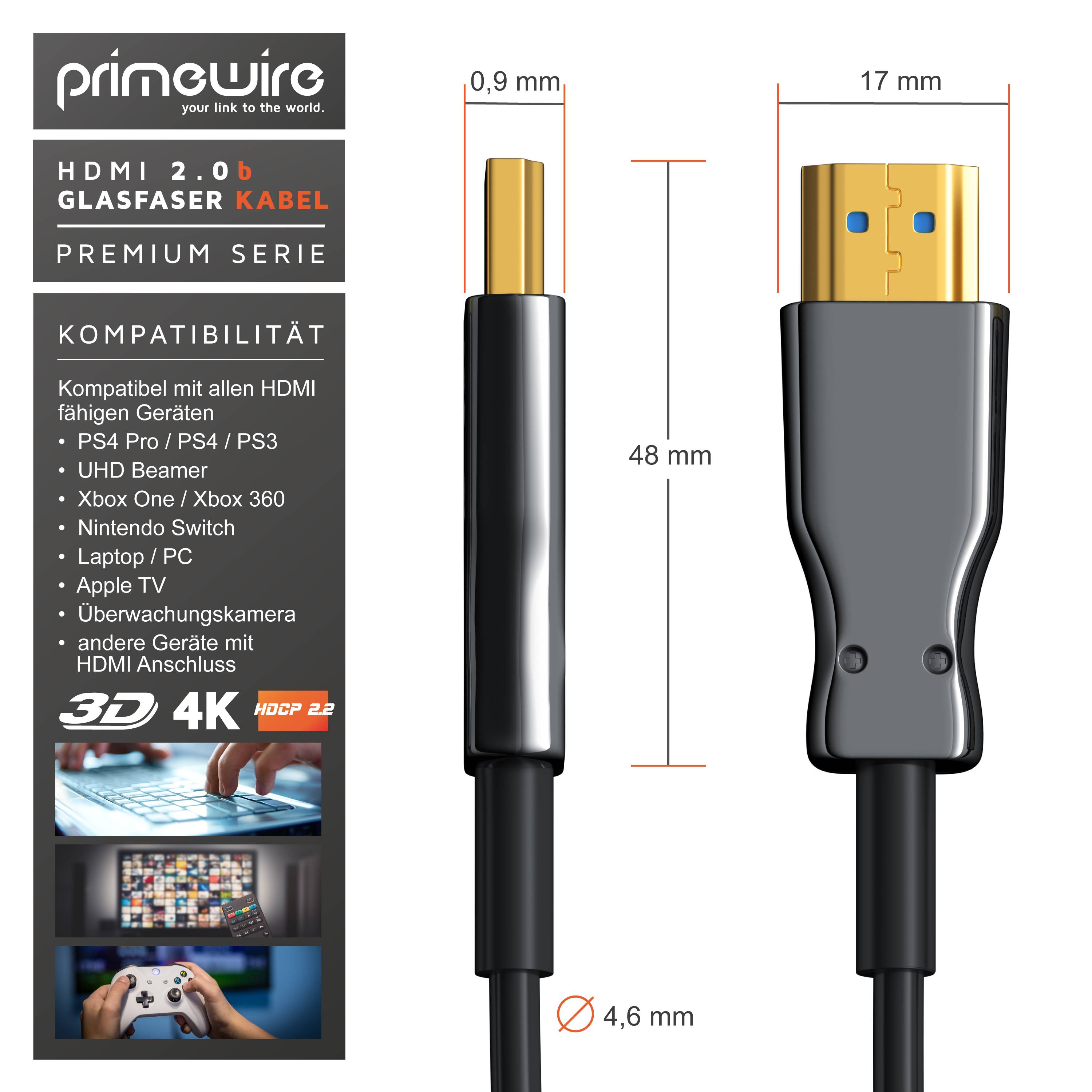 Primewire HDMI Kabel 2.0b Glasfaser - 4k 60Hz mit HDR - 3D - ARC - CEC - HDCP 2.2 - YUV 4 x 4 x 4 - 20m