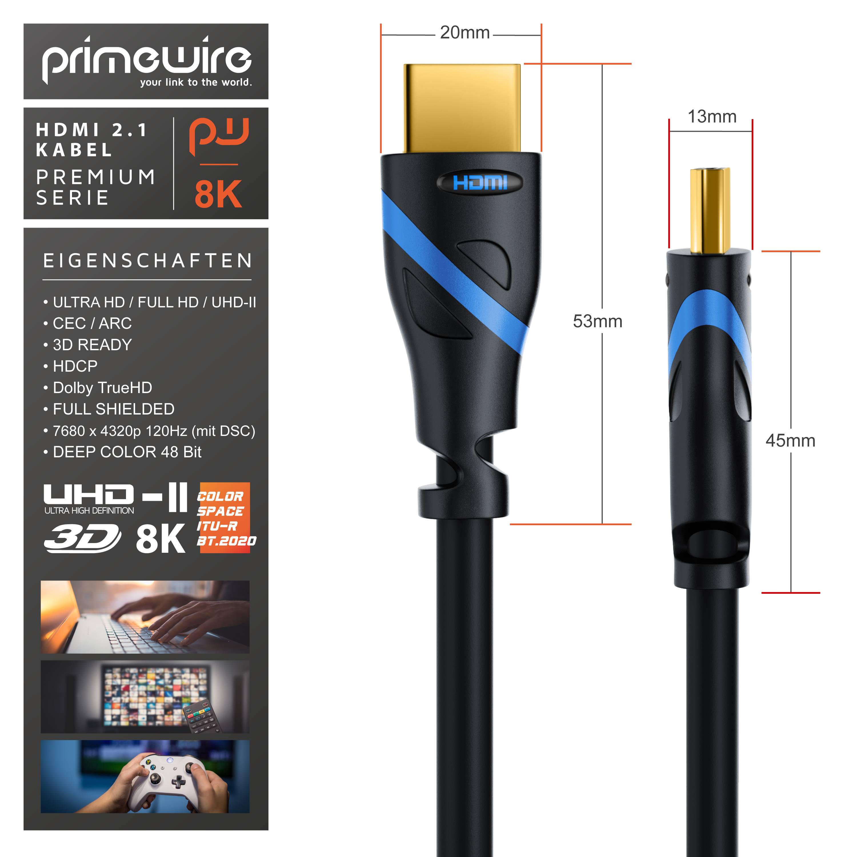 Primewire 8k HDMI Kabel 2.1, 8K @ 120Hz 4K @ 240Hz mit DSC, 48 Gbit/s, HDMI 2.0a 2.0b, 3D, HDTV UHD II, HDR-10+ - 1,5 m