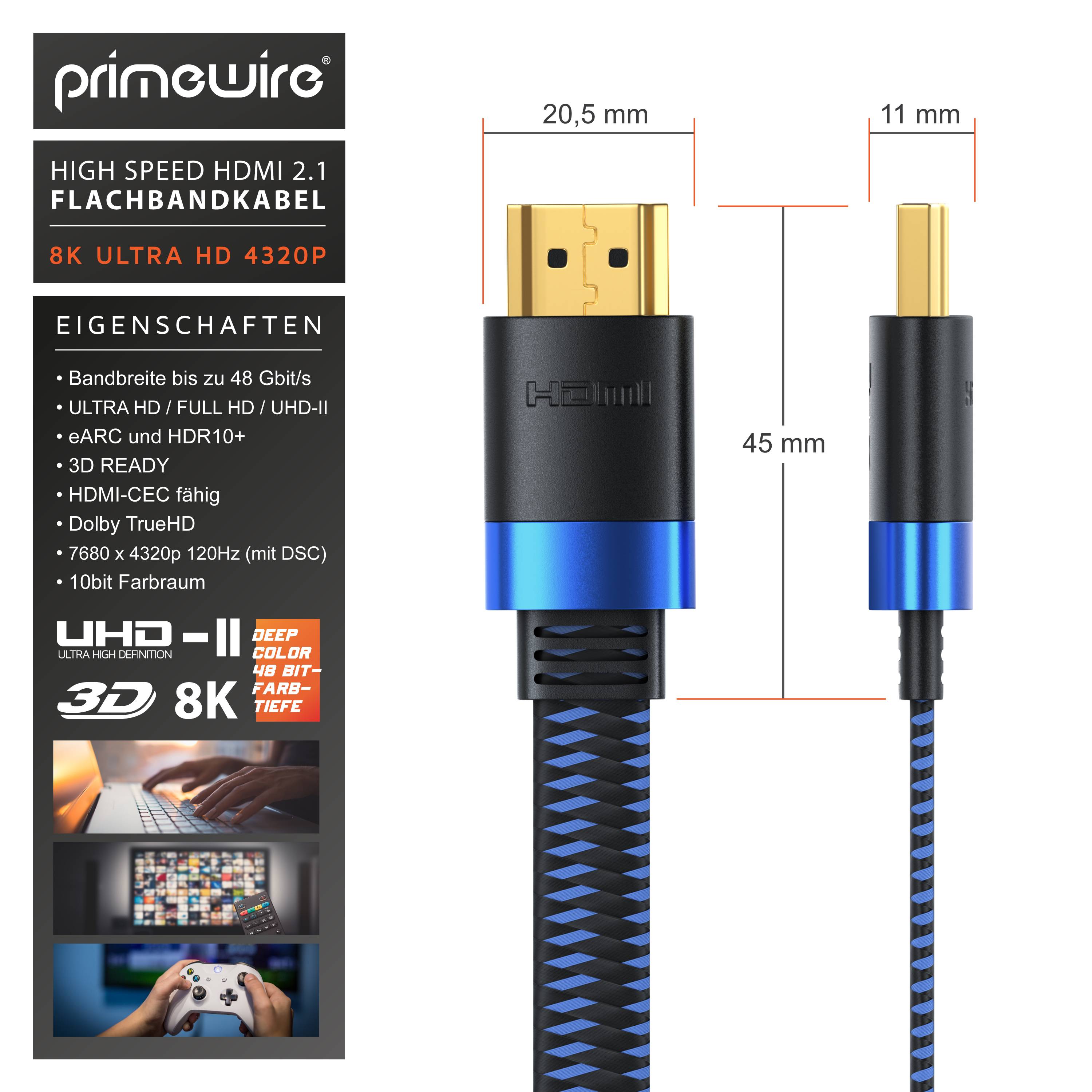 Primewire 8k HDMI Kabel 2.1, Flachbandkabel Ultra High Speed II Ethernet, 8K UHD II, 3D TV, HDR10+ 120 Hz mit DSC - 2m