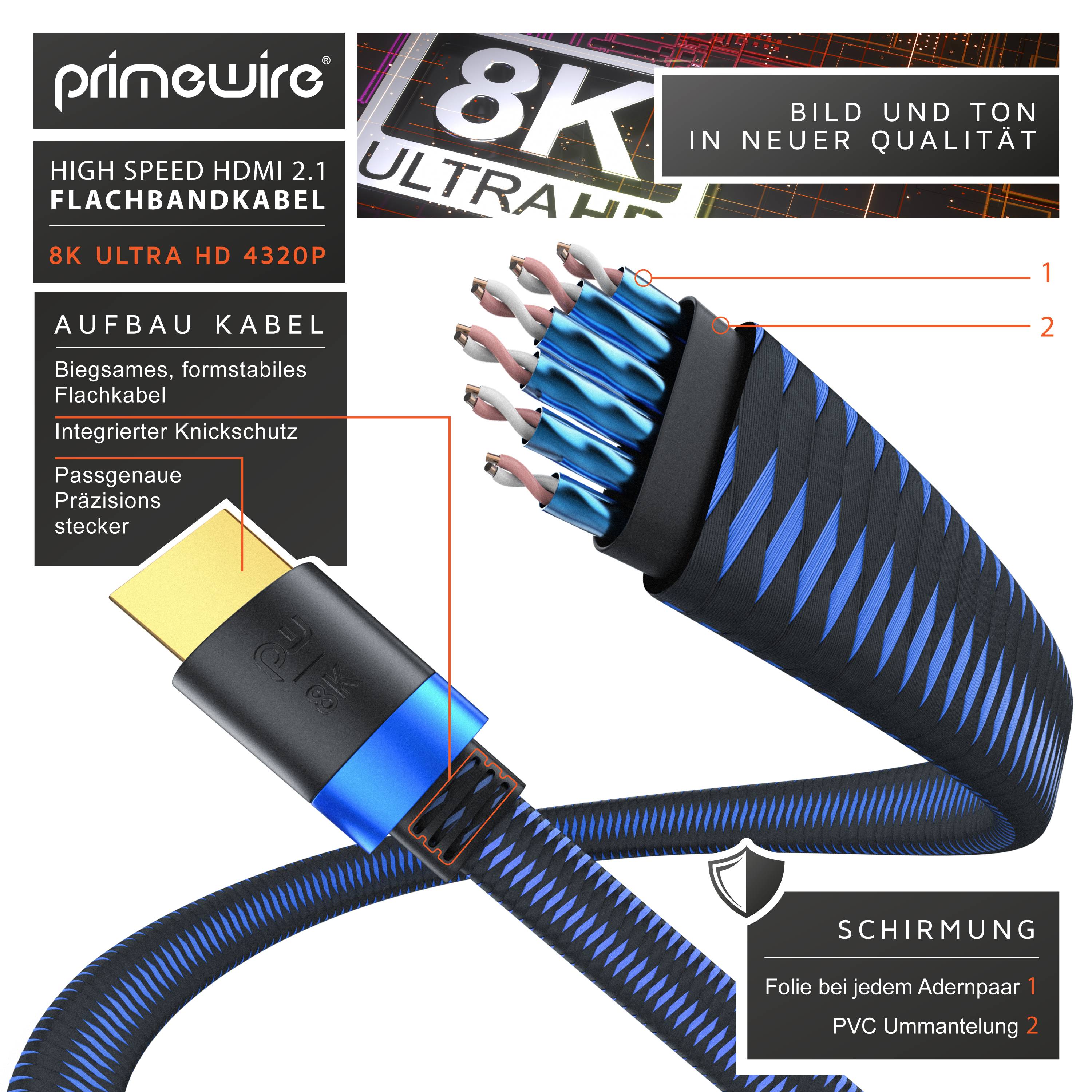 Primewire 8k HDMI Kabel 2.1, Flachbandkabel Ultra High Speed II Ethernet, 8K UHD II, 3D TV, HDR10+ 120 Hz mit DSC - 2m