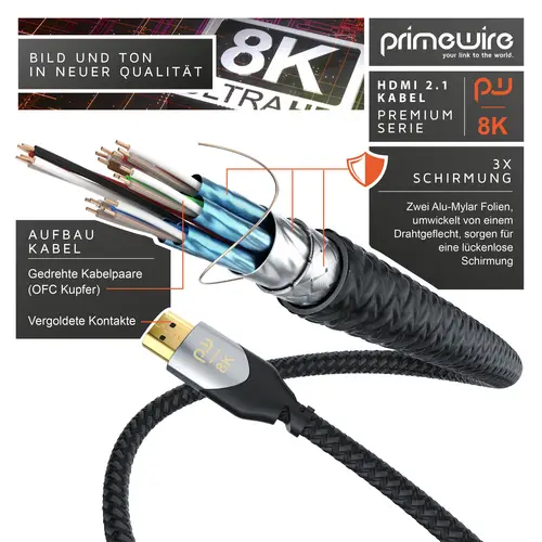 Primewire 8k HDMI Kabel 2.1, Ultra High Speed II mit Ethernet, 8K UHD II, 3D TV, HDR10+ - 4320p 120 Hz mit DSC - 1,5 m Primewire 8k HDMI Kabel 2.1, Ultra High Speed II mit Ethernet, 8K UHD II, 3D TV, HDR10+ - 4320p 120 Hz mit DSC - 1,5 m