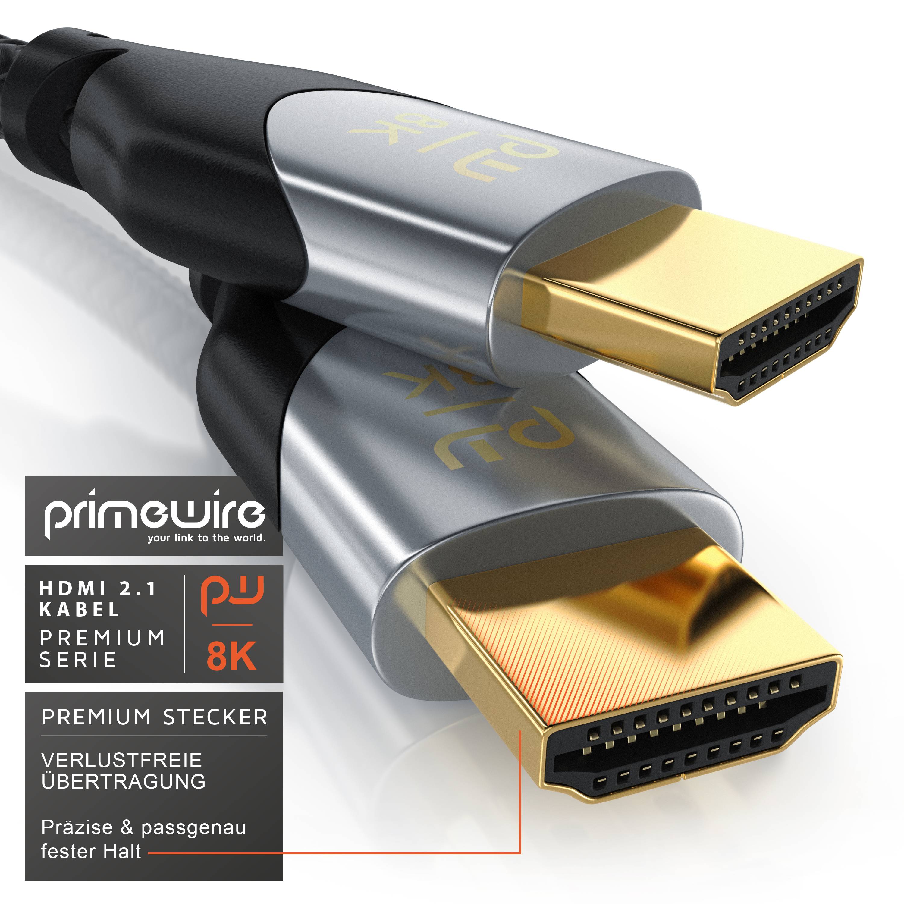 Primewire 8k HDMI Kabel 2.1, Ultra High Speed II mit Ethernet, 8K UHD II, 3D TV, HDR10+ - 4320p 120 Hz mit DSC - 2 m