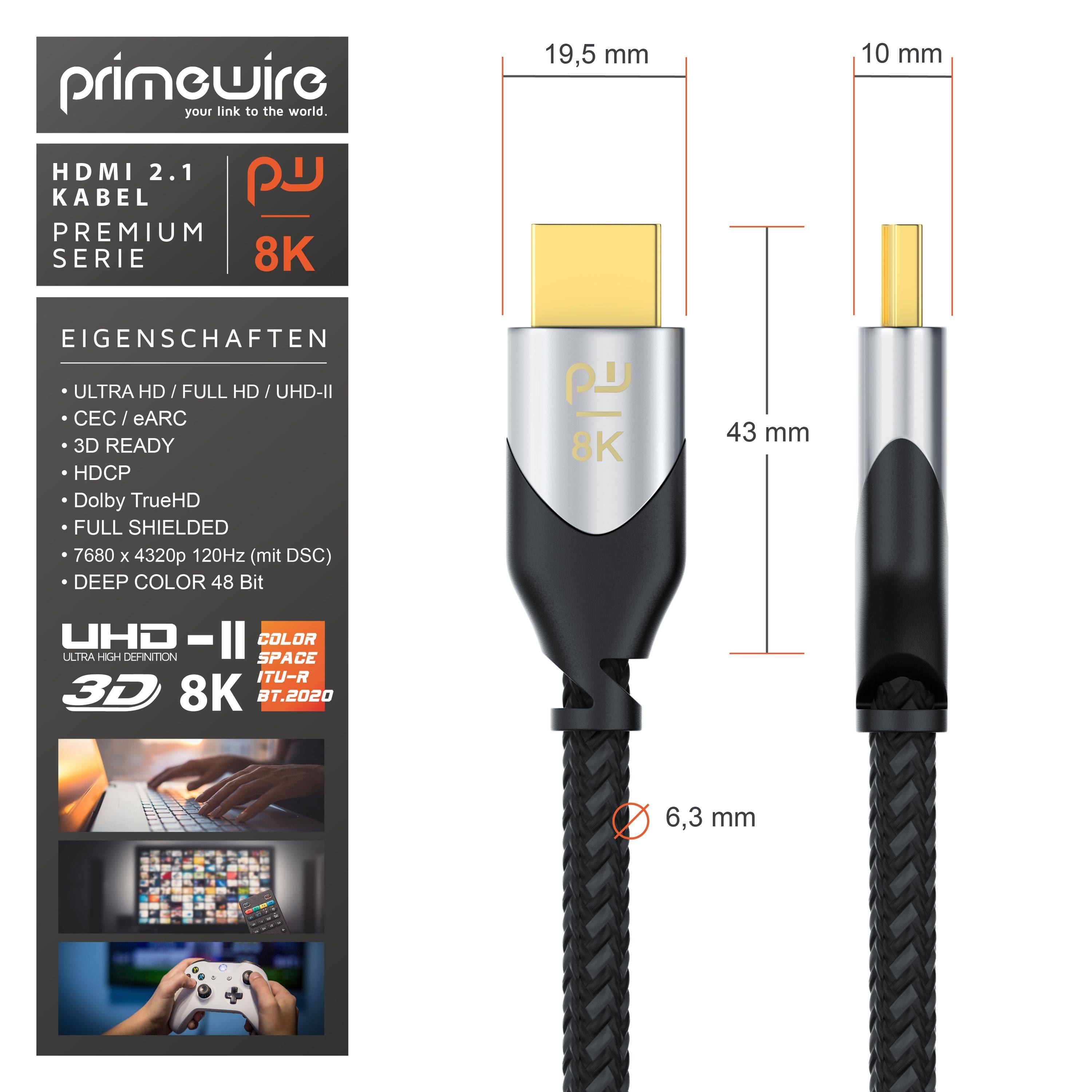 Primewire 8k HDMI Kabel 2.1, Ultra High Speed II mit Ethernet, 8K UHD II, 3D TV, HDR10+ - 4320p 120 Hz mit DSC - 2 m