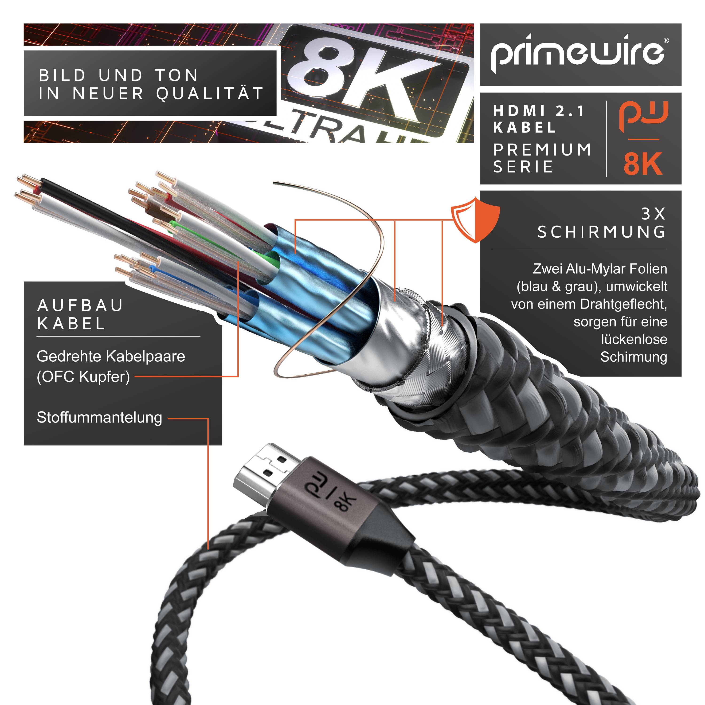 Primewire 8k HDMI Kabel 2.1 UHD II, 8k @ 120 Hz mit DSC, 2k 4k Ethernet, HDR eARC VRR ALLM, für Blu Ray PS4 PS5 - 2 m