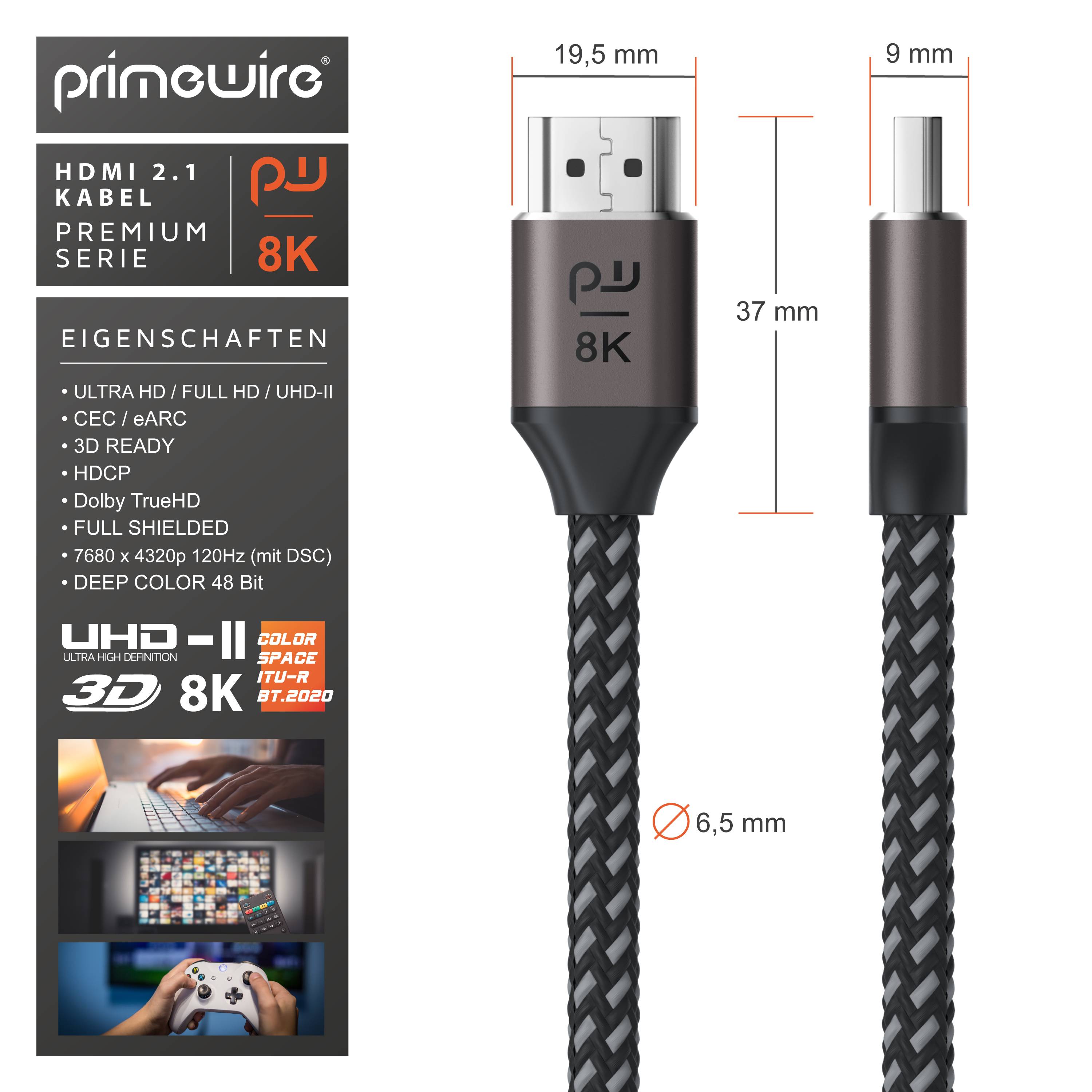 Primewire 8k HDMI Kabel 2.1 UHD II, 8k @ 120 Hz mit DSC, 2k 4k Ethernet, HDR eARC VRR ALLM, für Blu Ray PS4 PS5 - 2 m
