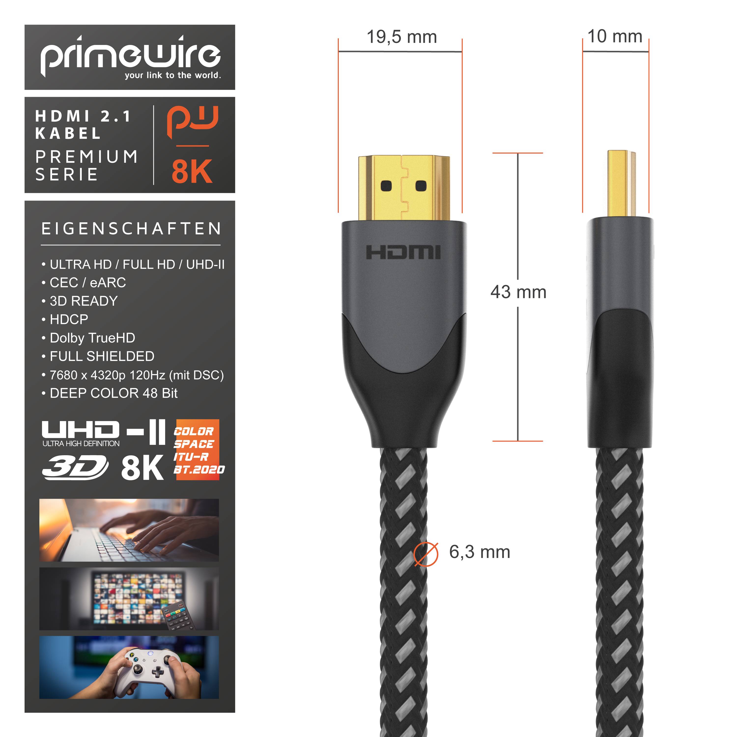 Primewire 8k HDMI Kabel 2.1, 8K @ 120Hz 4K @ 240Hz mit DSC, HDMI 2.0a 2.0b, 3D, HDTV UHD II, HDR-10+, Dolby Vision - 3m