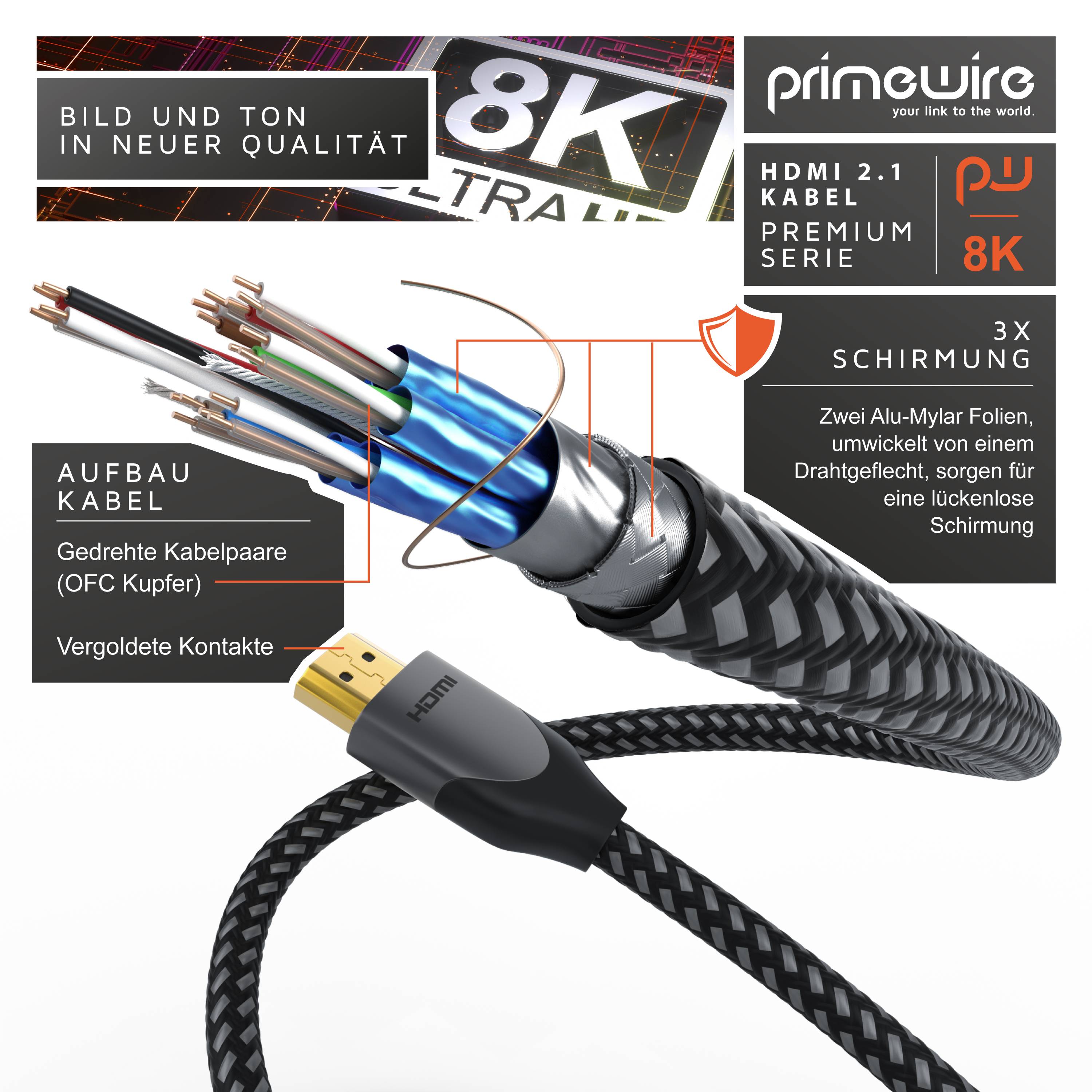 Primewire 8k HDMI Kabel 2.1, 8K @ 120Hz 4K @ 240Hz mit DSC, HDMI 2.0a 2.0b, 3D, HDTV UHD II, HDR-10+, Dolby Vision - 1m