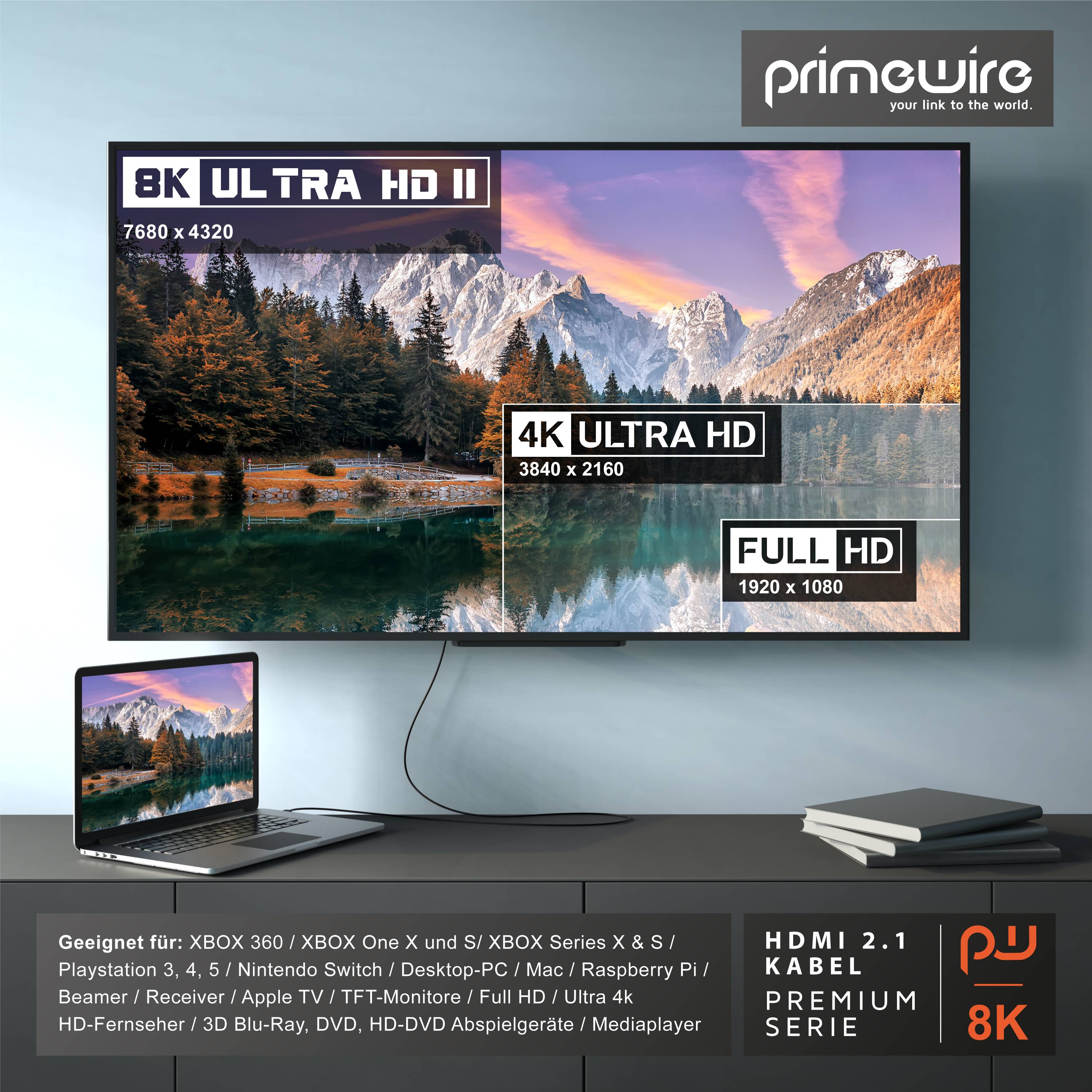 Primewire 8k HDMI Kabel 2.1, 8K @ 120Hz 4K @ 240Hz mit DSC, HDMI 2.0a 2.0b, 3D, HDTV UHD II, HDR-10+, Dolby Vision - 1m