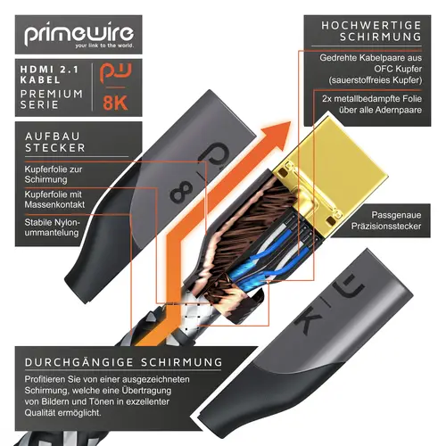 Primewire 8k HDMI Kabel 2.1, 8K @ 120Hz 4K @ 240Hz mit DSC, HDMI 2.0a 2.0b, 3D, HDTV UHD II, HDR-10+, Dolby Vision - 3m Primewire 8k HDMI Kabel 2.1, 8K @ 120Hz 4K @ 240Hz mit DSC, HDMI 2.0a 2.0b, 3D, HDTV UHD II, HDR-10+, Dolby Vision - 3m