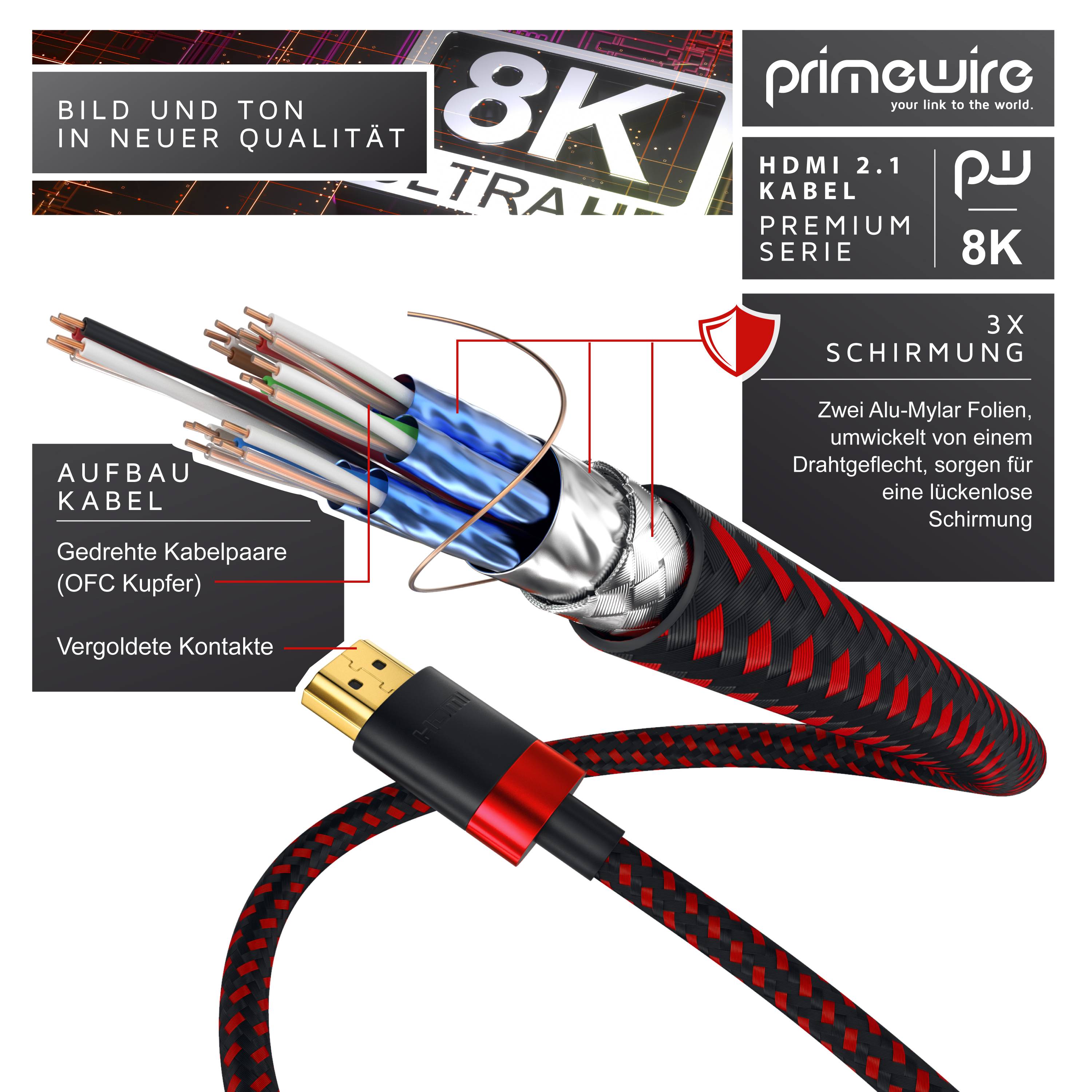 Primewire - 2m High Speed 8K HDMI Kabel 2.1, Ethernet ARC 3D 4K Ultra HD 7680x4320 @ 120 Hz HDTV Full HD, Schwarz/Rot