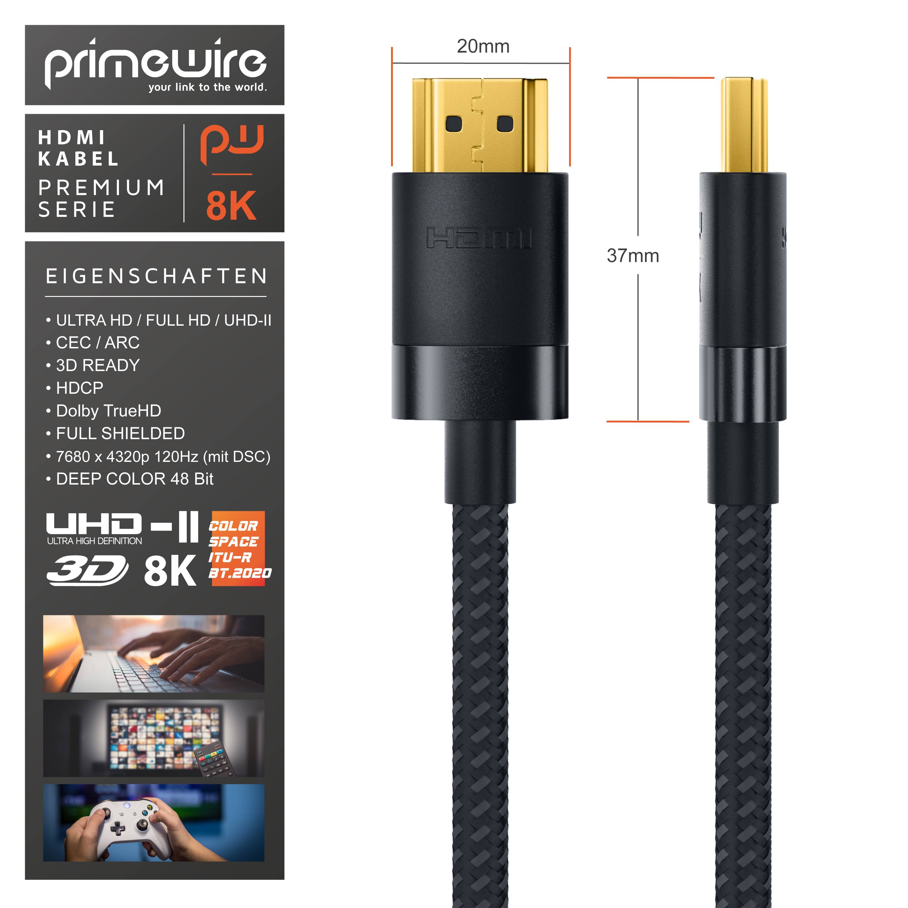 Primewire - 10m High Speed 8K HDMI Kabel 2.1, Ethernet ARC 3D 4K Ultra HD 7680x4320 @ 120 Hz HDTV Full HD, Schwarz