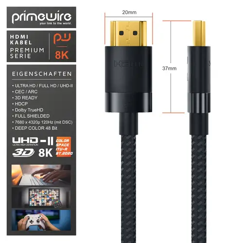 Primewire - 10m High Speed 8K HDMI Kabel 2.1, Ethernet ARC 3D 4K Ultra HD 7680x4320 @ 120 Hz HDTV Full HD, Schwarz Primewire - 10m High Speed 8K HDMI Kabel 2.1, Ethernet ARC 3D 4K Ultra HD 7680x4320 @ 120 Hz HDTV Full HD, Schwarz